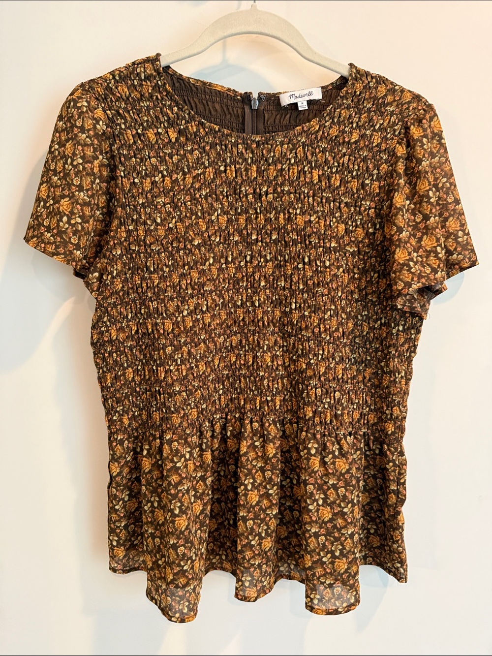 Madewell Brown Floral Smocked Peplum Blouse with Yellow Accents